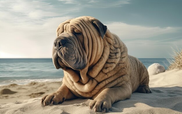 Foto shar pei está sentado en la playa profesional publicación de publicidad foto ai generado