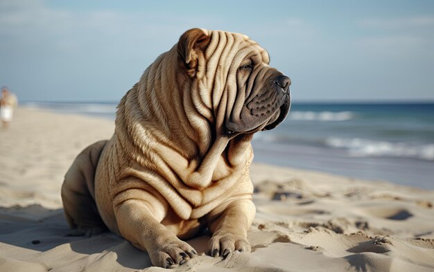 Foto shar pei está sentado en la playa profesional publicación de publicidad foto ai generado