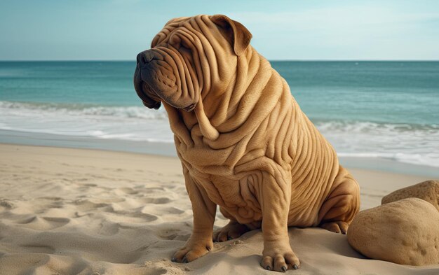 Foto shar pei está sentado en la playa profesional publicación de publicidad foto ai generado