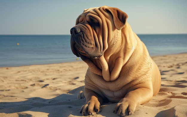 Foto shar pei está sentado en la playa profesional publicación de publicidad foto ai generado