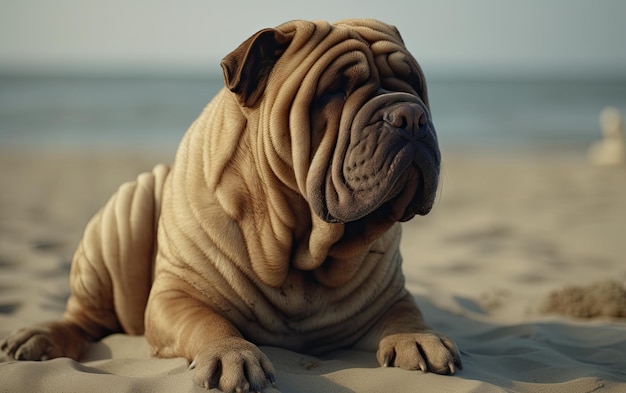 Foto shar pei está sentado en la playa profesional publicación de publicidad foto ai generado