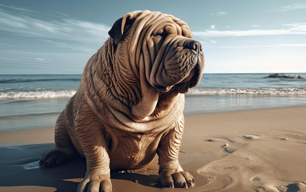 Foto shar pei está sentado en la playa profesional publicación de publicidad foto ai generado