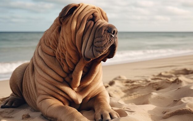 Foto shar pei está sentado en la playa profesional publicación de publicidad foto ai generado