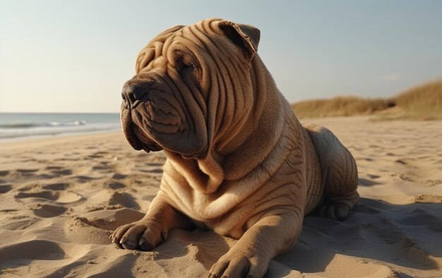 Foto shar pei está sentado en la playa profesional publicación de publicidad foto ai generado