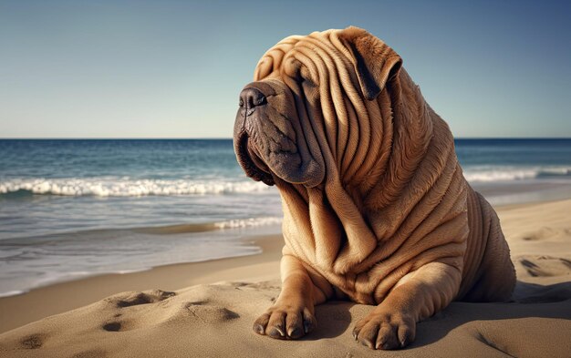 Foto shar pei está sentado en la playa profesional publicación de publicidad foto ai generado