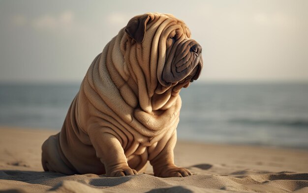 Foto shar pei está sentado en la playa profesional publicación de publicidad foto ai generado