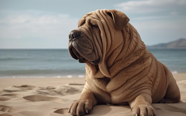 Foto shar pei está sentado en la playa profesional publicación de publicidad foto ai generado