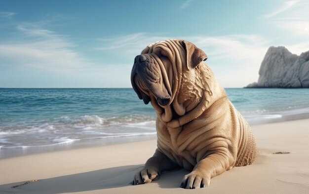 Foto shar pei está sentado en la playa profesional publicación de publicidad foto ai generado