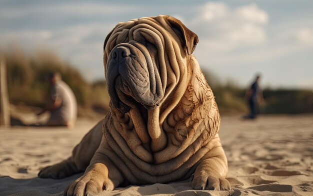 Foto shar pei está sentado en la playa profesional publicación de publicidad foto ai generado