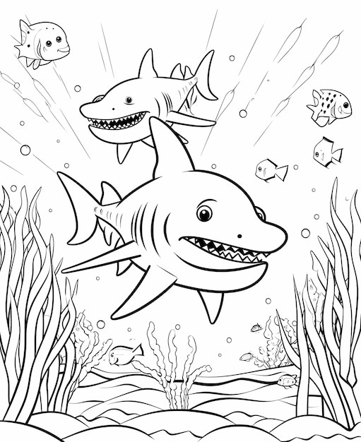 Sharky Fun Cartoon Coloring Page para Crianças com Cute Black and White Line Art