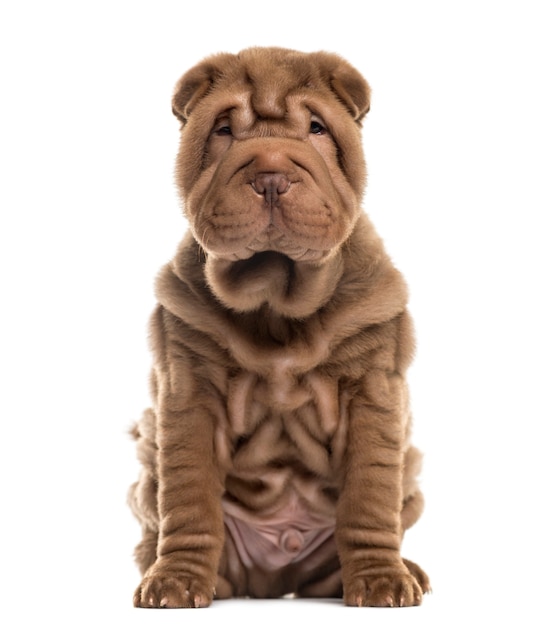 Sharpei sentado em frente a uma parede branca