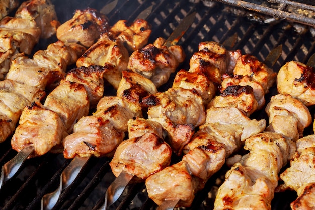 Shashlik marinado que prepara-se em uma grade do assado sobre o carvão vegetal. Shashlik ou Shish kebab