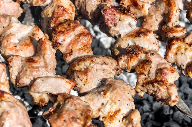 Shashlik se prepara en el mangal Close up