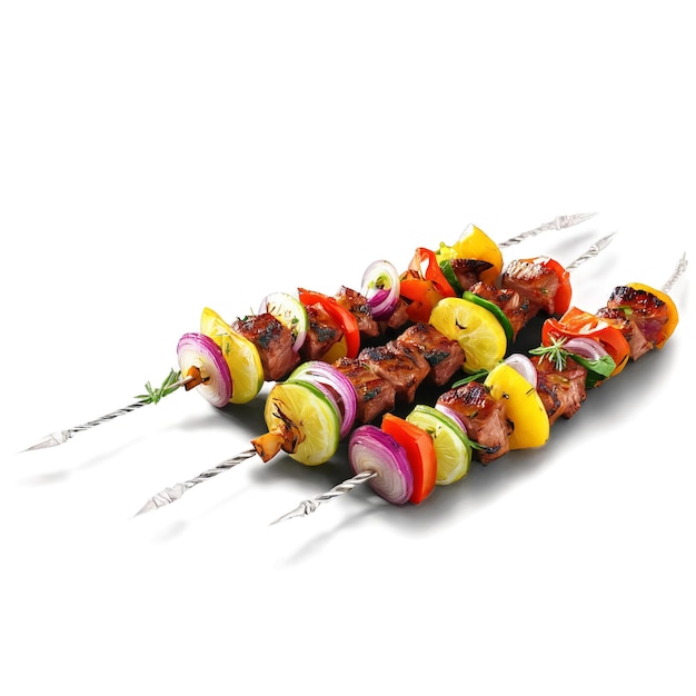 Shashlik ruso marinado carne pinzas a la parrilla colores vibrantes servido con cebollas y hierbas culinarias y