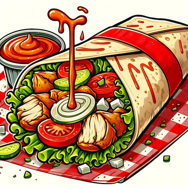 Shawarma al estilo de dibujos animados y salsa con fondo