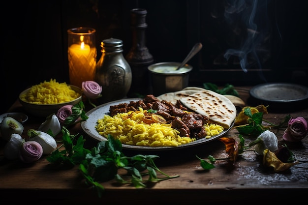 Foto shawarma con arroz de azafrán dorado