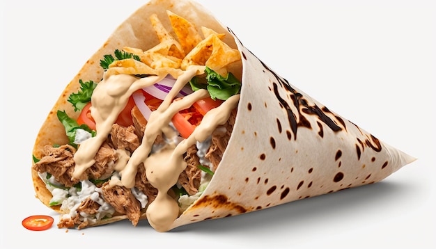 Shawarma con carne y verduras en un aislado de fondo blanco IA generativa