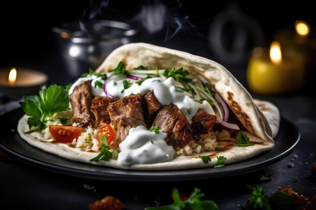 Un shawarma con carne y verduras.