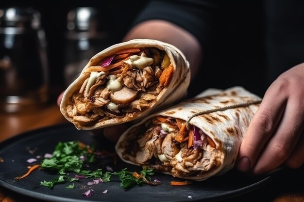 Shawarma cocido jugoso en mano generativa ai