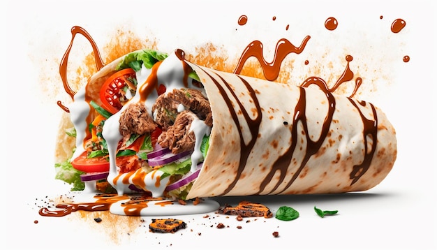 Shawarma com carne e legumes em um fundo branco isolar Generative AI