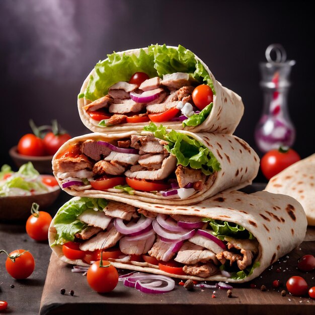 Shawarma com carne e legumes sobre uma mesa de madeira