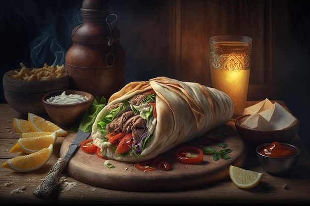 Shawarma com frango e molho de alho na placa de madeira Closeup