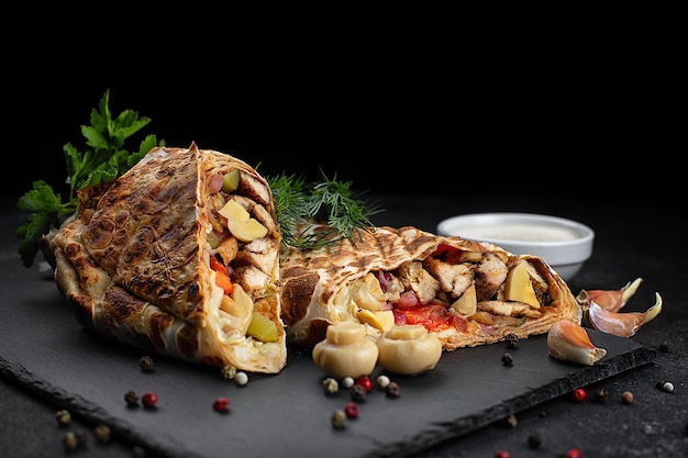 Shawarma com legumes de cogumelos de carne e molho em um fundo preto