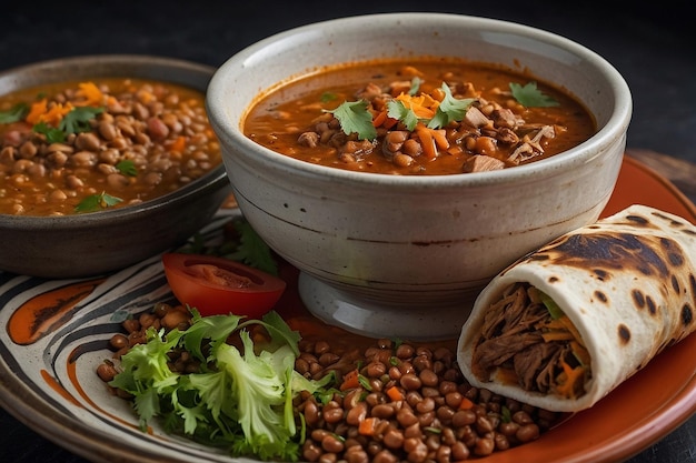 Shawarma com um lado de sopa de lentilhas