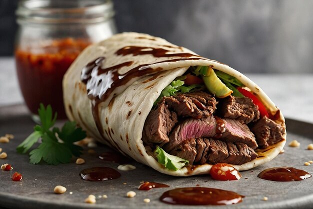 Foto shawarma de carne de vaca com um pouco de molho tahini