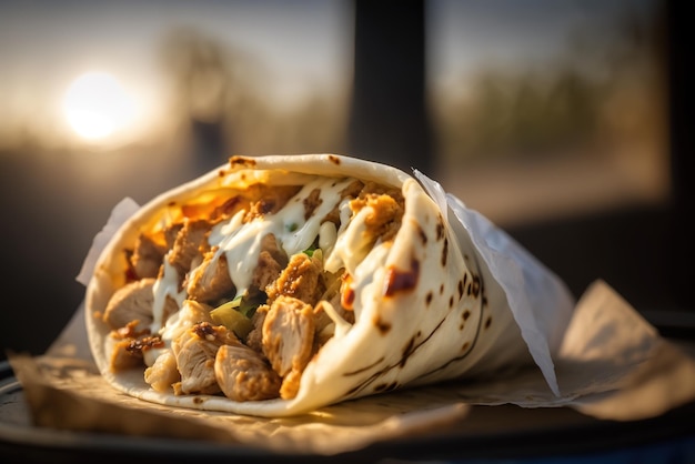 Shawarma de frango de dar água na boca envolto em pão pita quente com uma mistura deliciosa