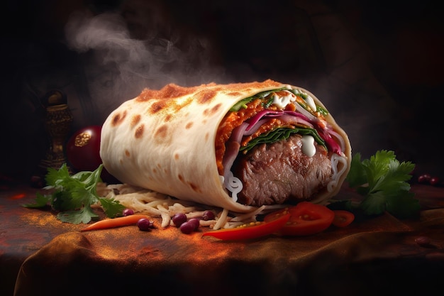 Shawarma in Lavash gegrillt auf dem Tisch Fast Food Kebab Burrito