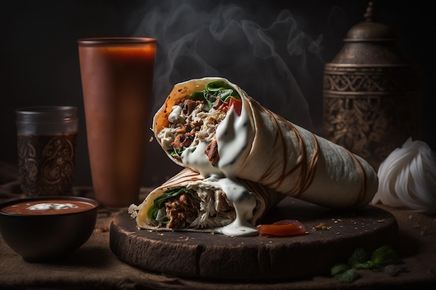 Shawarma jugoso con verduras y carne de pollo y salsa de ajo ilustración de fondo oscuro con poca luz IA generativa