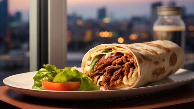 Foto shawarma-mahlzeit mit saftigem fleisch, gemüse und sauce