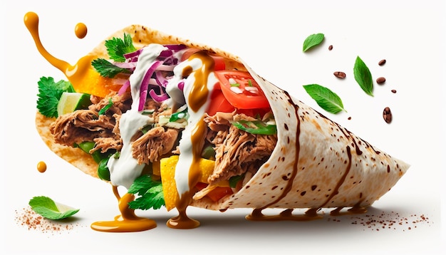 Shawarma mit Fleisch und Gemüse auf weißem Hintergrund isolieren Generative AI