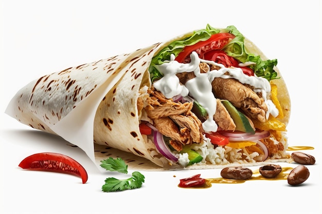 Shawarma o Doner con rollo de pollo sobre fondo blanco aislado