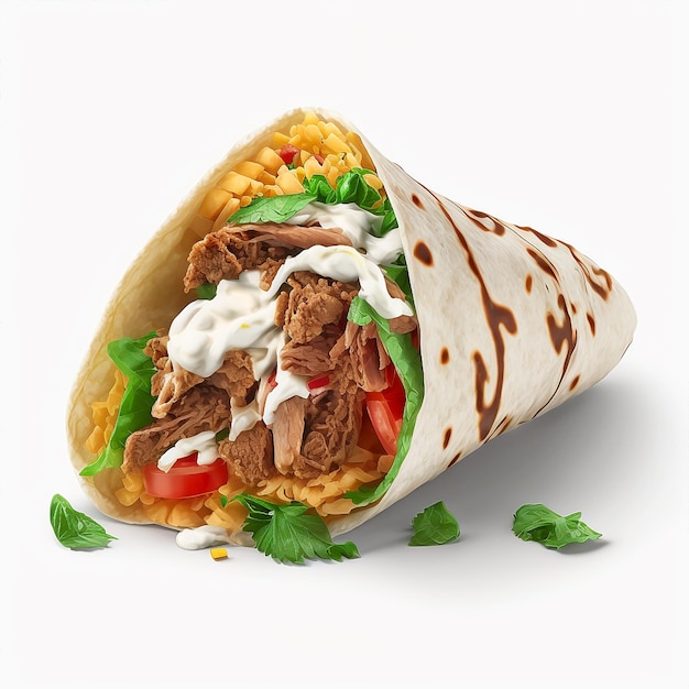 Un shawarma con una pita y una ensalada encima.