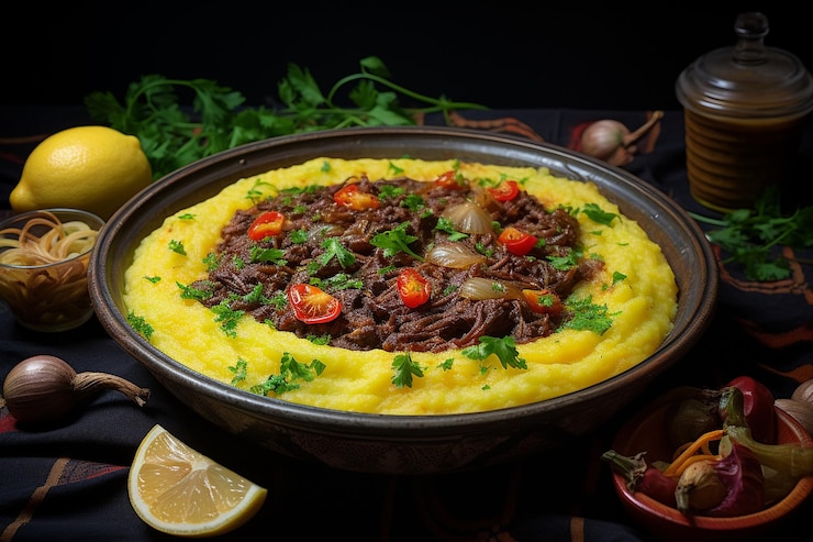 Foto shawarma ragu de carne de res sobre la polenta