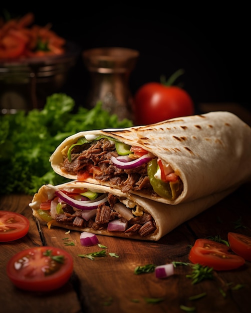 Foto shawarma roll carne casera giroscopio comida rápida comida para llevar entrega de comida comida para llevar kebap y sándwich