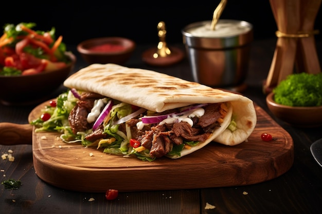 Shawarma servido em mesa de madeira generativa por Ai