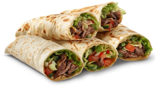 Shawarma suculento cheio de carne grelhada e vegetais vibrantes artisticamente apresentados em uma tábua rústica