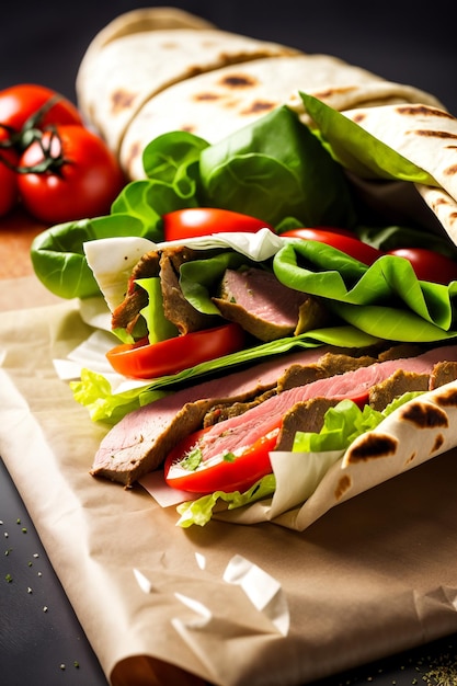 Shawarma tradicional oriental con pollo y verduras, Doner Kebab con salsas en pizarra. comida rapida