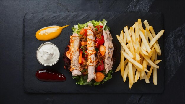 Foto shawarma tradicional oriental con pollo y verduras y papas fritas con salsas en pizarra