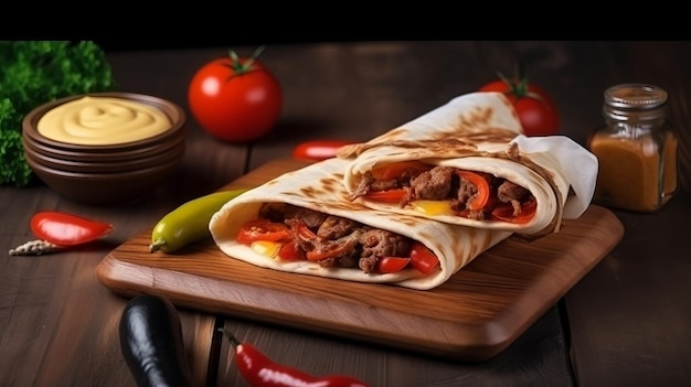 Shawarma turco con carne de res y salsa de salsa en pan de pita