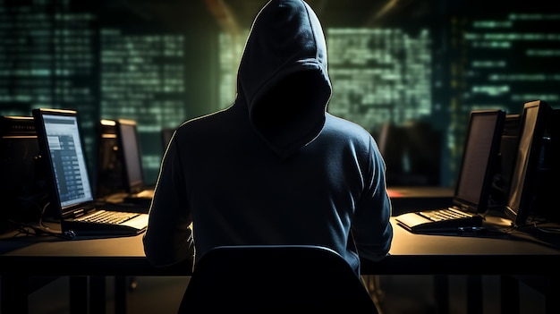 Shawow-Bildung eines anonymen Hackers vor einem kommandierenden Monitor