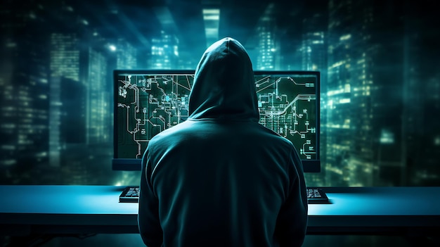 Shawow-Bildung eines anonymen Hackers vor einem kommandierenden Monitor