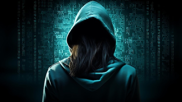 Foto shawow-bildung eines anonymen hackers vor einem kommandierenden monitor