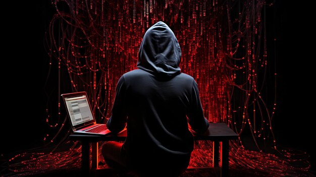 Foto shawow-bildung eines anonymen hackers vor einem kommandierenden monitor