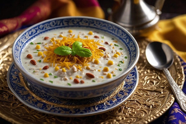 Sheer Khurma en un plato de servicio con patrón