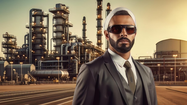 Sheikh en el fondo de la refinería de petróleo