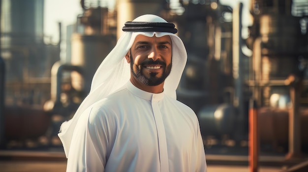 Sheikh en el fondo de la refinería de petróleo